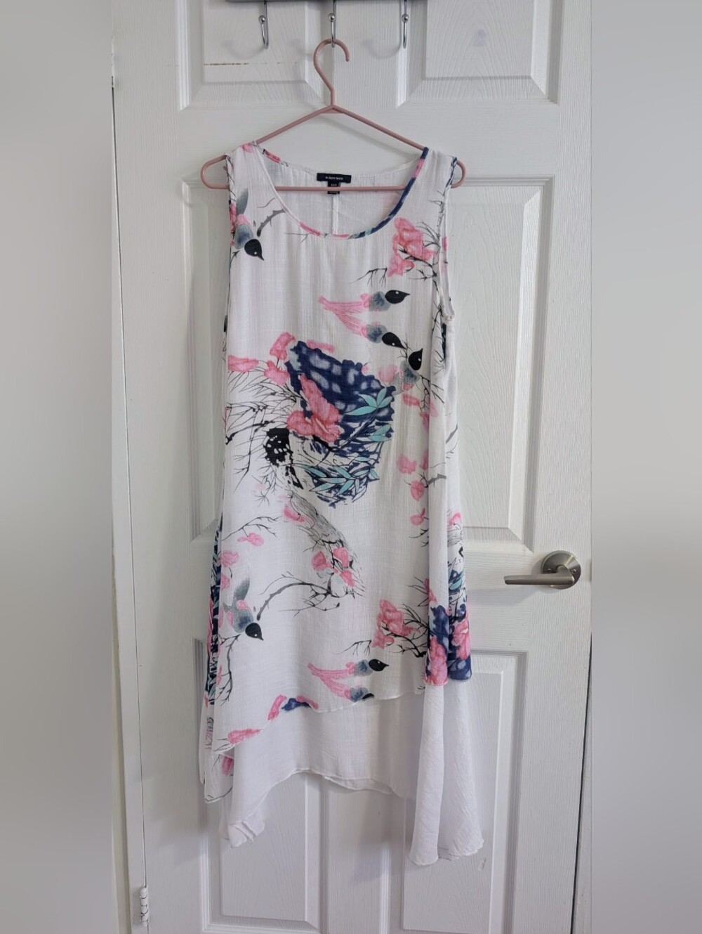 Asian Floral Bird Print Layered Asymmetric Midi Dress Boho Chic Resortwear  - M